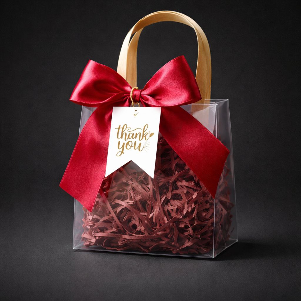 Transparent Gift Bag with Wooden Handle | Thank You Tag | Satin Bow