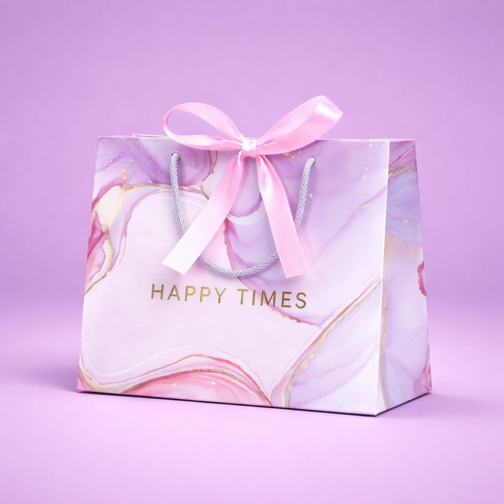 Gift Bag with Ribbon | Happy Times | Pink Marble & Gold Foil