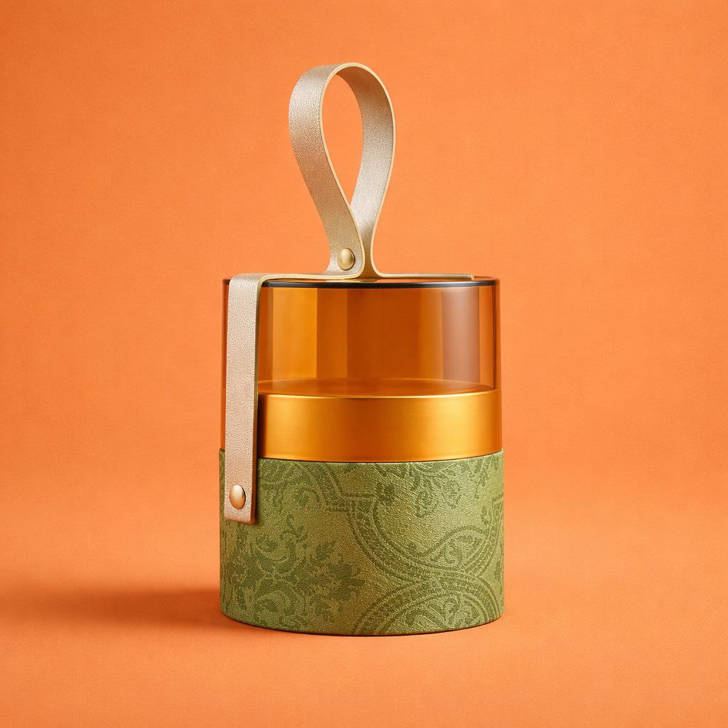 Cylindrical Gift Box with Transparent Lid | Embossed Damask | Leather Handle