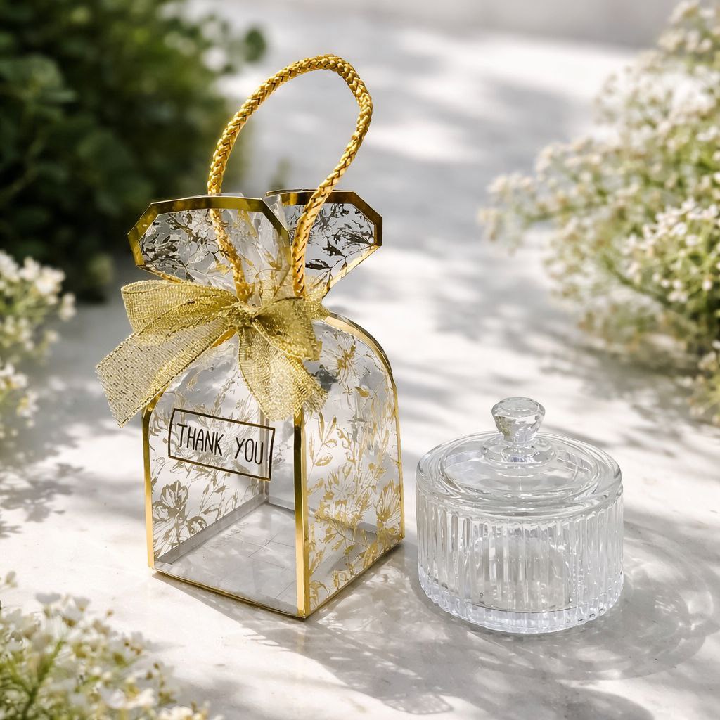 Wedding Door Gift | Elegant Crystal Storage Jar with Gold-Trim Thank You Gift Box