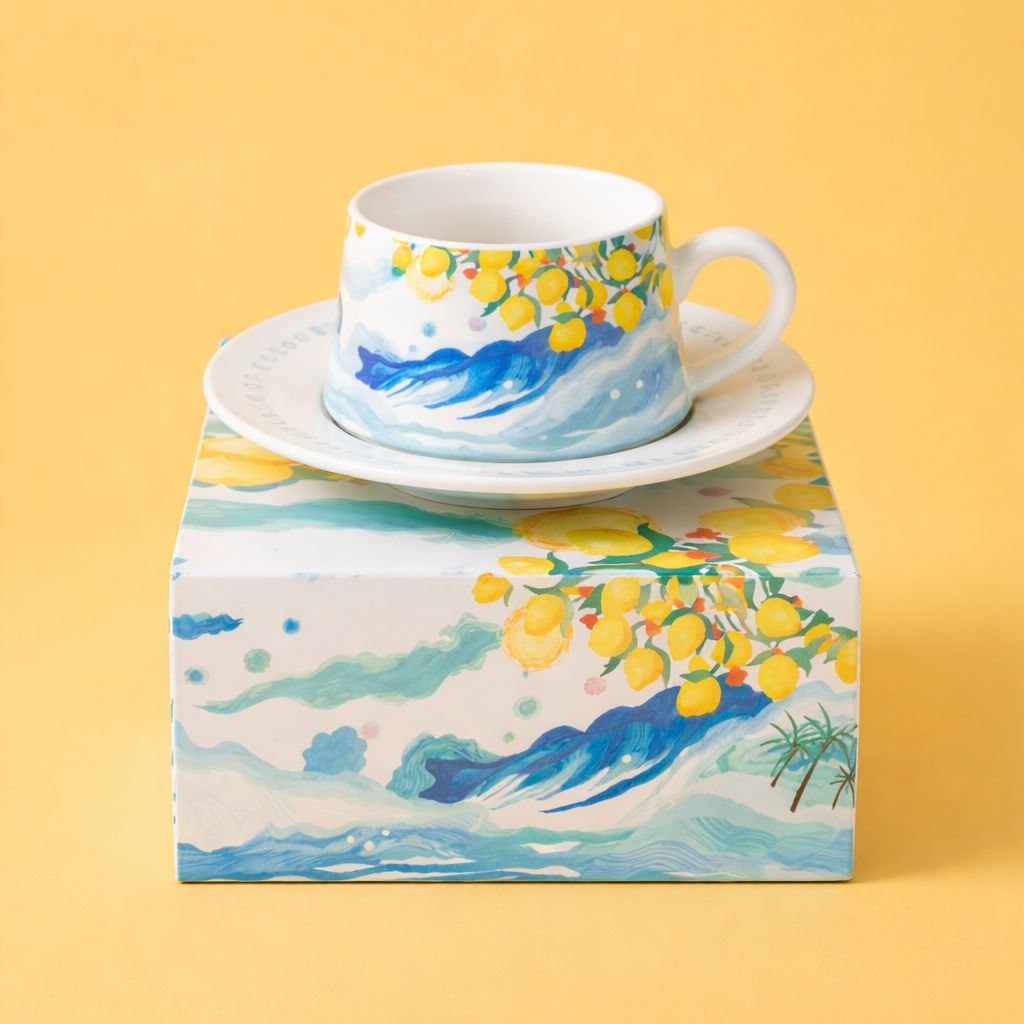 Wedding Door Gift | Watercolour Lemon & Ocean Ceramic Cup & Saucer Gift Set