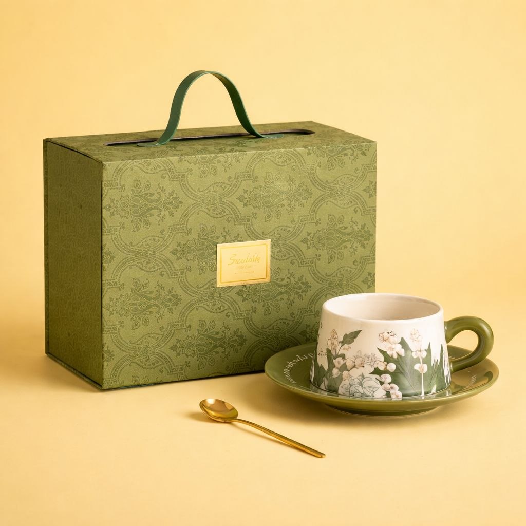 Wedding Door Gift | Premium Botanical Ceramic Cup & Saucer Gift Set with Gold Spoon