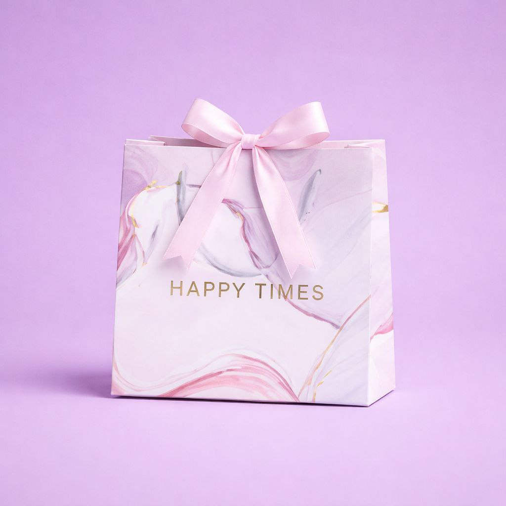 Gift Bag with Ribbon | Happy Times | Pink Marble & Gold Foil