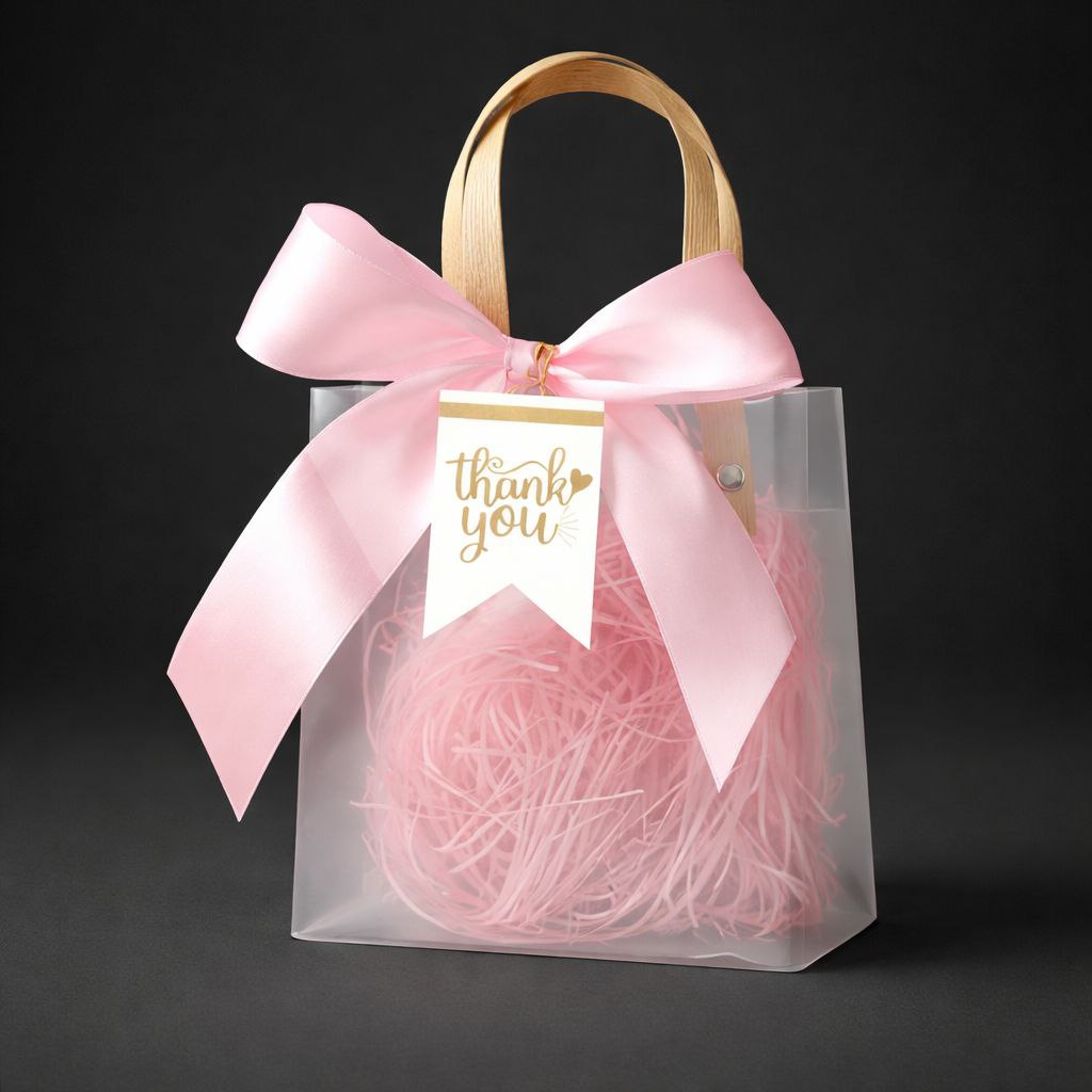 Transparent Gift Bag with Wooden Handle | Thank You Tag | Satin Bow