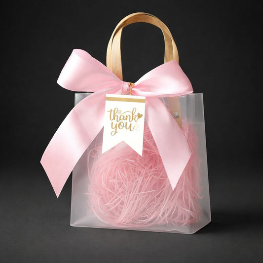 Transparent Gift Bag with Wooden Handle | Thank You Tag | Satin Bow