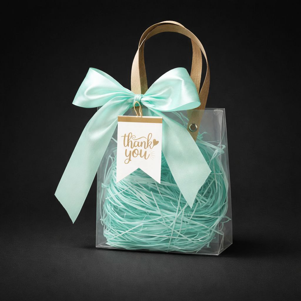 Transparent Gift Bag with Wooden Handle | Thank You Tag | Satin Bow