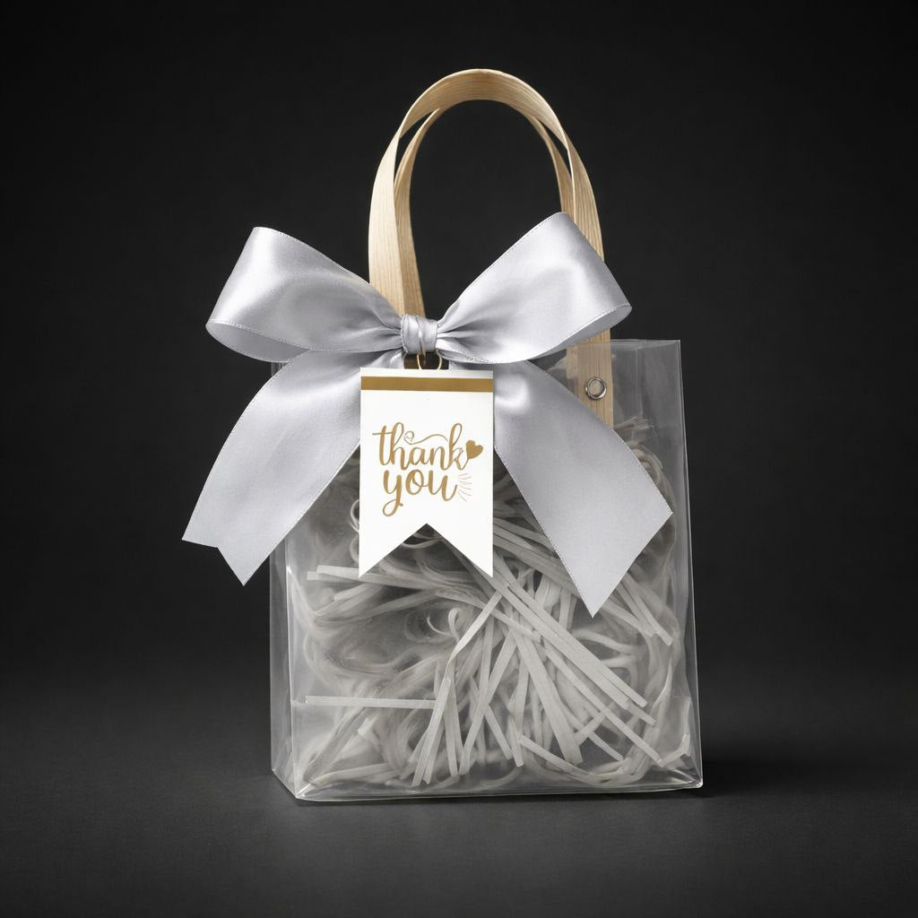 Transparent Gift Bag with Wooden Handle | Thank You Tag | Satin Bow