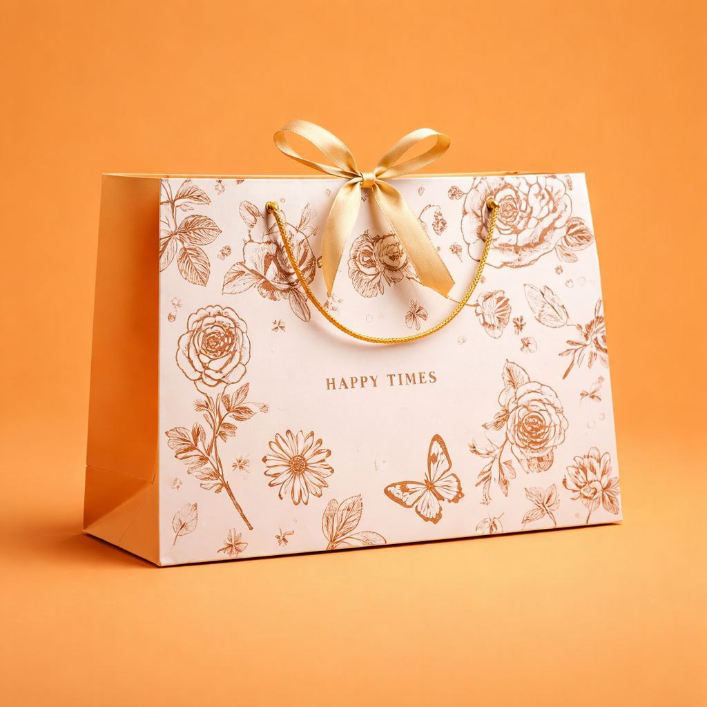 Gift Bag with Ribbon | Happy Times | Soft Gold Tones