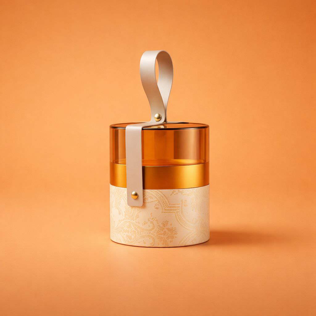 Cylindrical Gift Box with Transparent Lid | Embossed Damask | Leather Handle