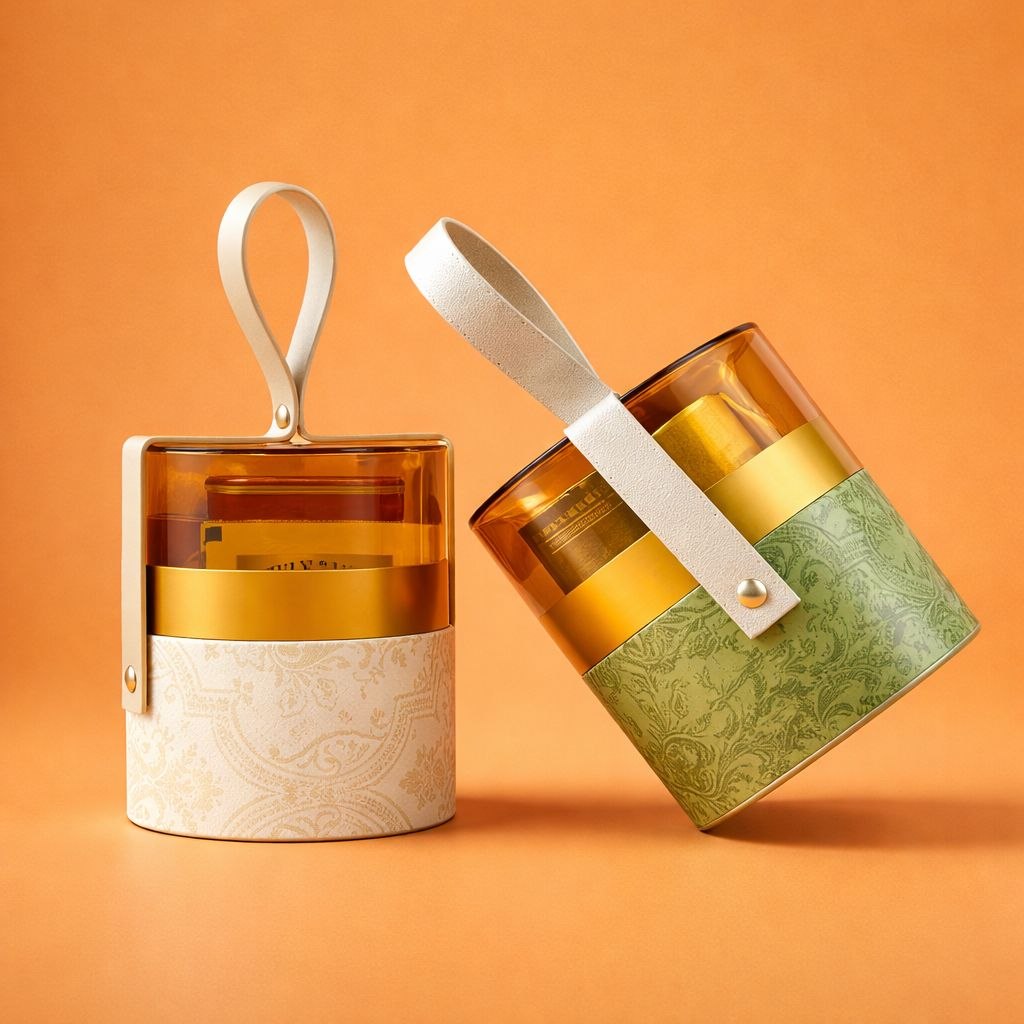 Cylindrical Gift Box with Transparent Lid | Embossed Damask | Leather Handle