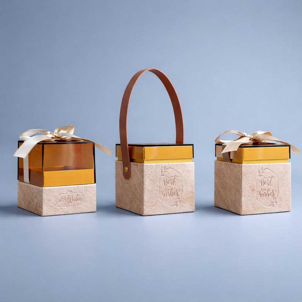 Luxury Gift Box with Transparent Gold Lid | Best Wishes | Leather Handle