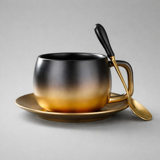 Wedding Door Gift | Black & Gold Gradient Ceramic Cup & Saucer Gift Set
