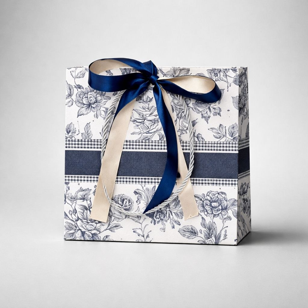 Gift Bag with Ribbon Bow | Vintage Botanical | Gingham Accent