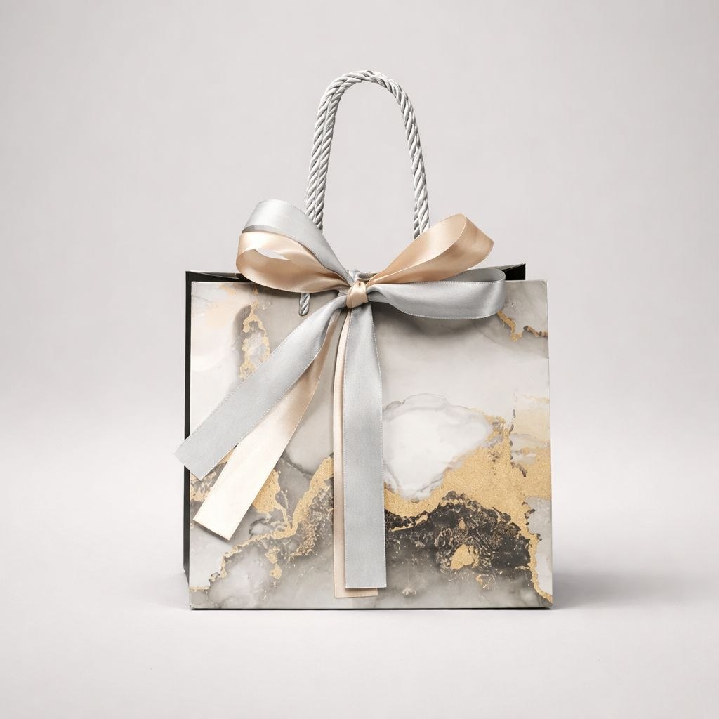 Gift Bag with Satin Bow | Luxury Marble | Gold Foil Accents