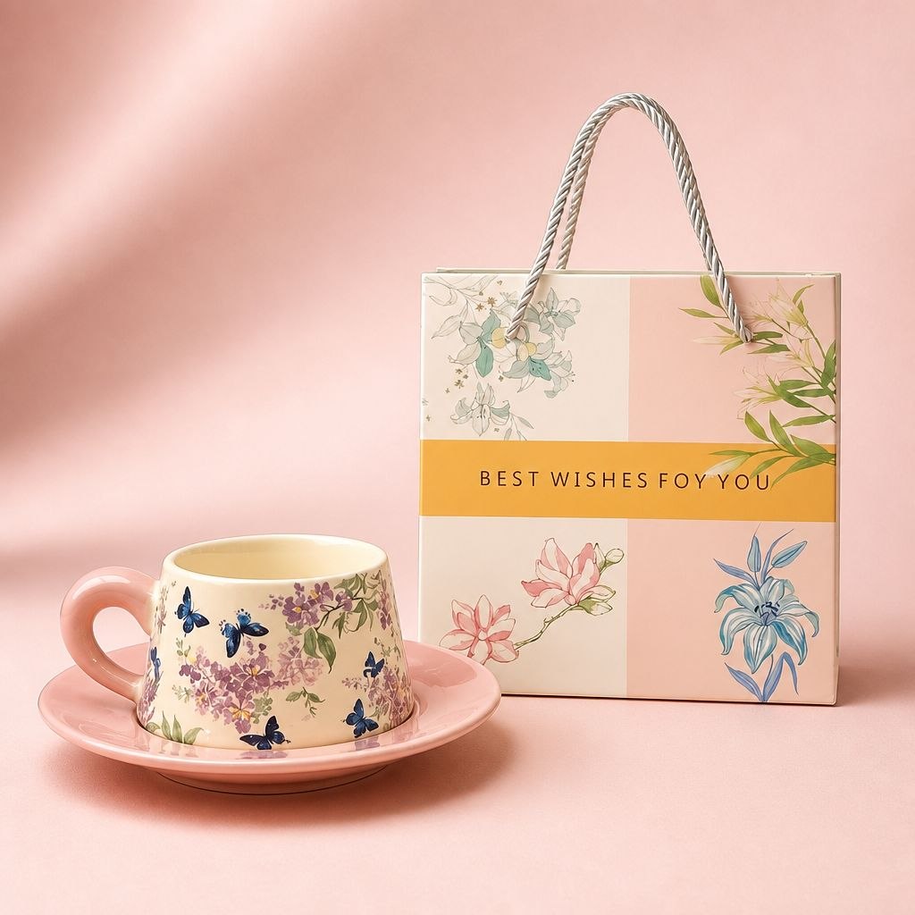 Wedding Door Gift | Floral Butterfly Ceramic Cup & Saucer Gift Set