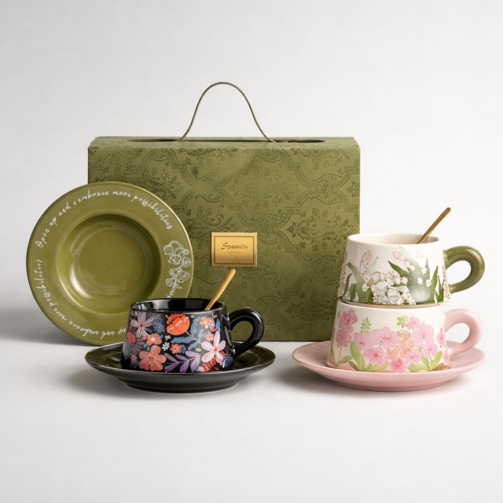 Wedding Door Gift | Premium Botanical Ceramic Cup & Saucer Gift Set with Gold Spoon