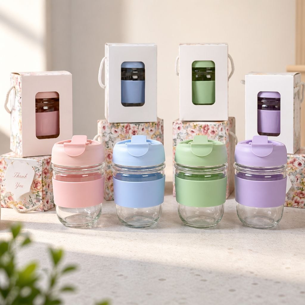 Wedding Door Gift | Pastel Glass Tumbler with Silicone Sleeve & Gift Box
