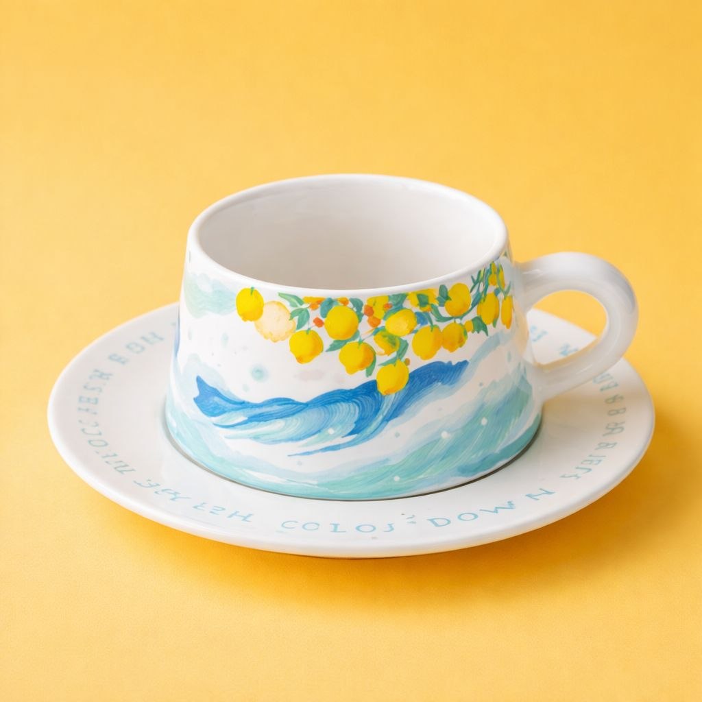 Wedding Door Gift | Watercolour Lemon & Ocean Ceramic Cup & Saucer Gift Set