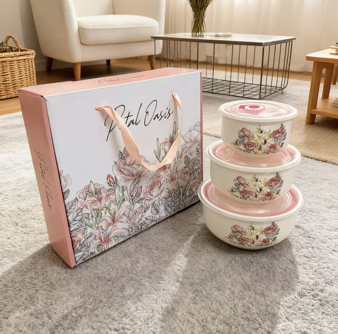 Petal Oasis floral ceramic bowl set with gift box