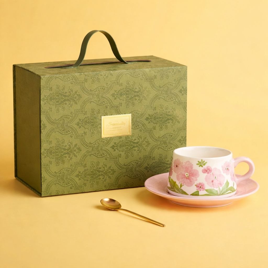 Wedding Door Gift | Premium Botanical Ceramic Cup & Saucer Gift Set with Gold Spoon