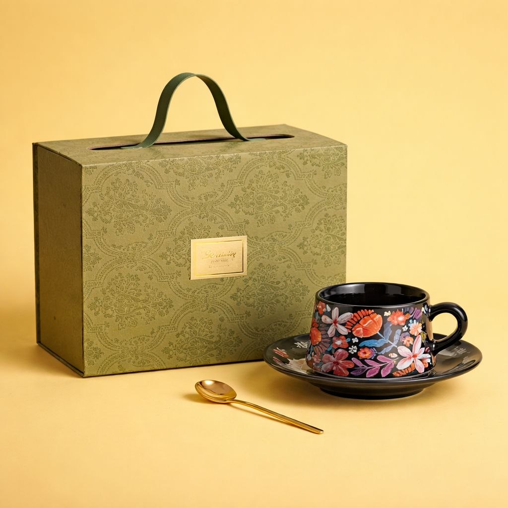Wedding Door Gift | Premium Botanical Ceramic Cup & Saucer Gift Set with Gold Spoon