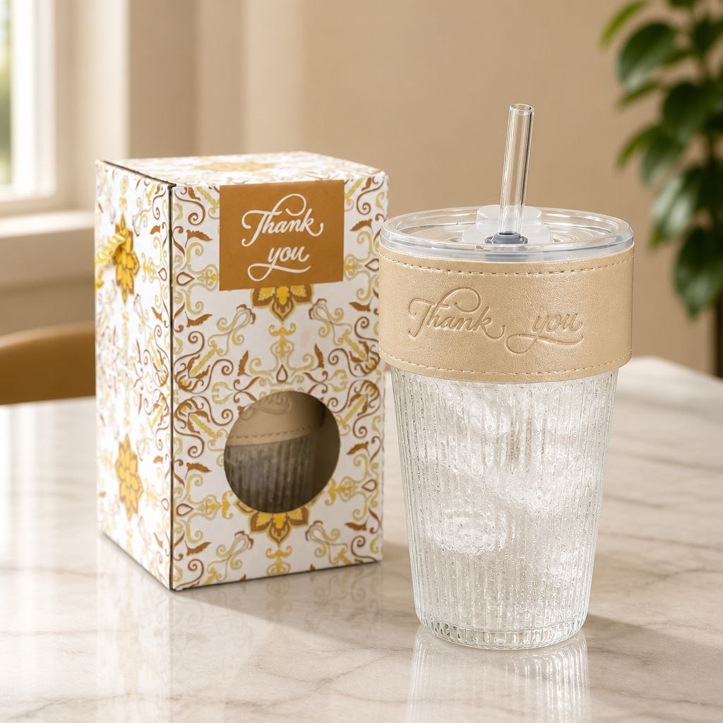 Wedding Door Gift | Premium Ribbed Glass Tumbler with Leather Sleeve & Gift Box