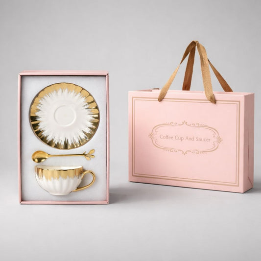 Wedding Door Gift | Gold-Brushed Porcelain Coffee Cup & Saucer Gift Set
