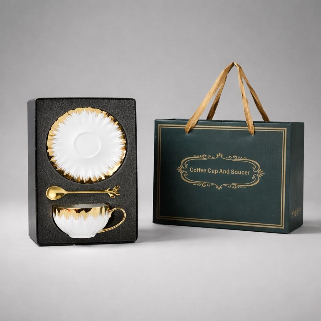 Wedding Door Gift | Gold-Brushed Porcelain Coffee Cup & Saucer Gift Set